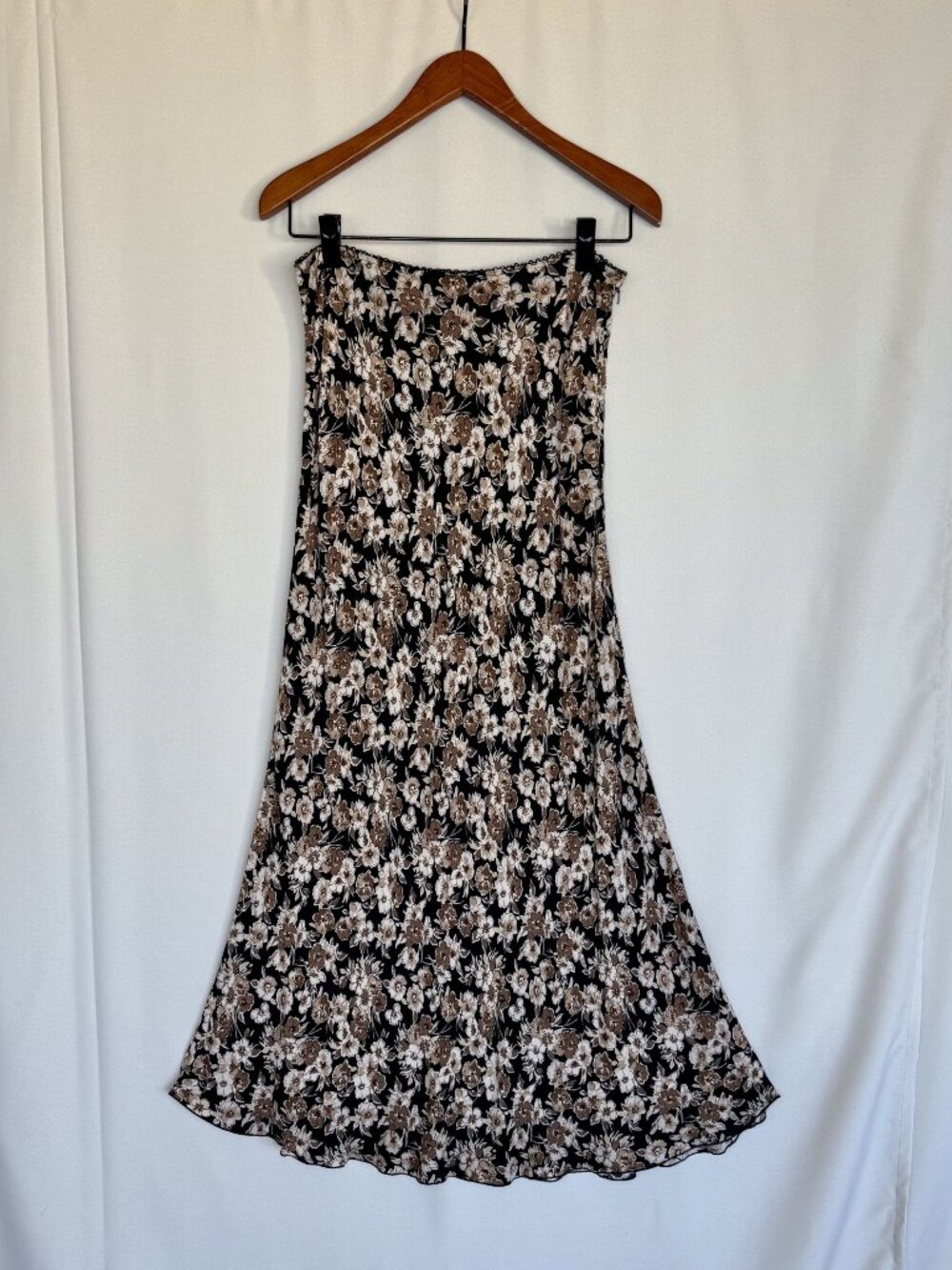Vintage Old Navy Black Brown Floral Italian Fabric Bias Cut Maxi Skirt Size 12